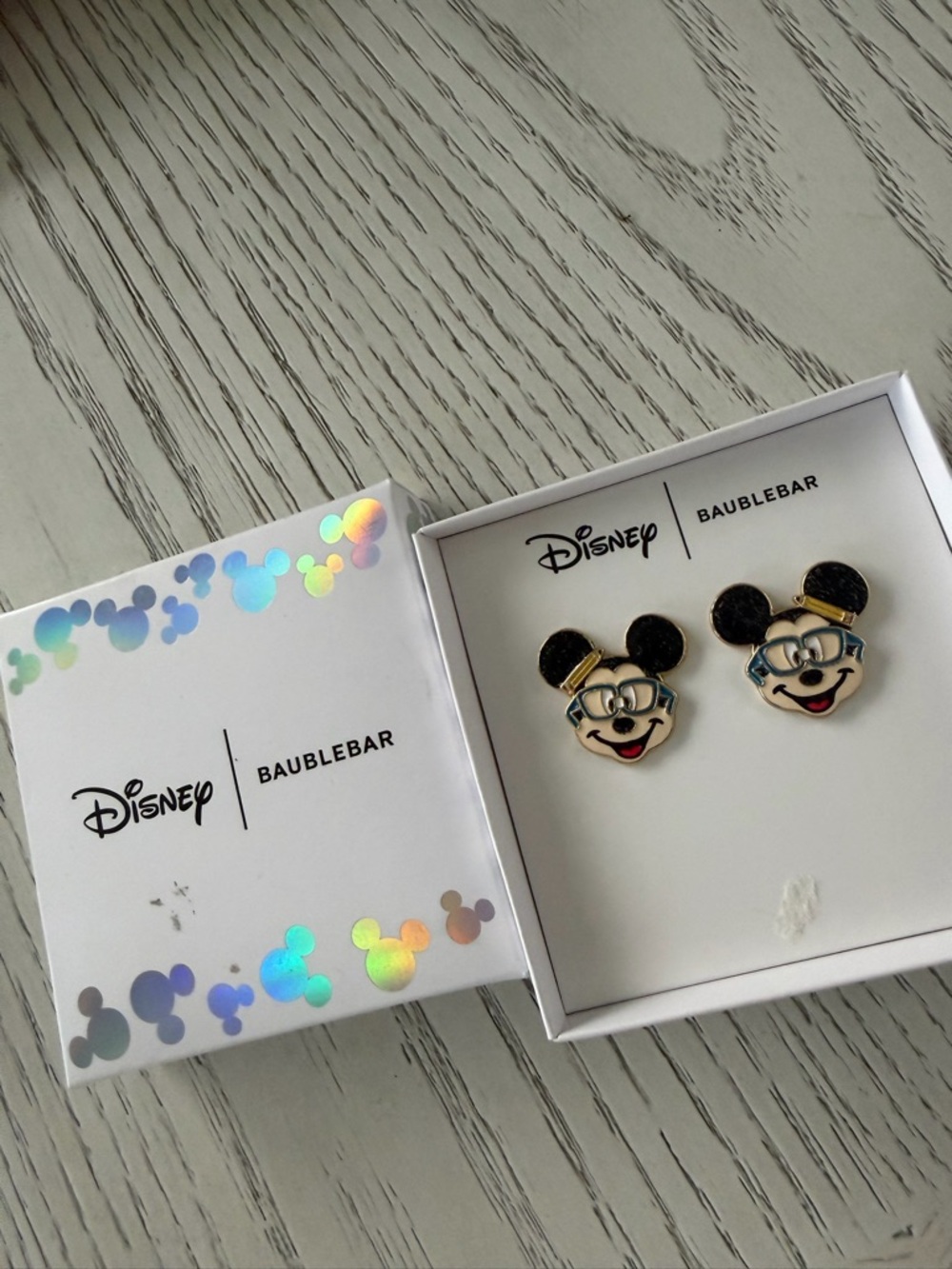 BaubleBar Kids Mickey Stud Earrings in Black, Cream & Blue - Picture 2 of 3